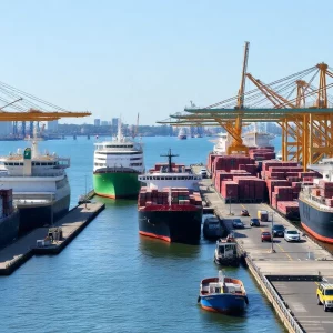 Busy Charleston Port with cargo ships and cranes