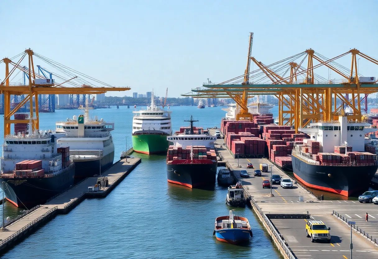 Busy Charleston Port with cargo ships and cranes