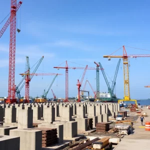 Construction project at the Port of Charleston for wharf expansion.