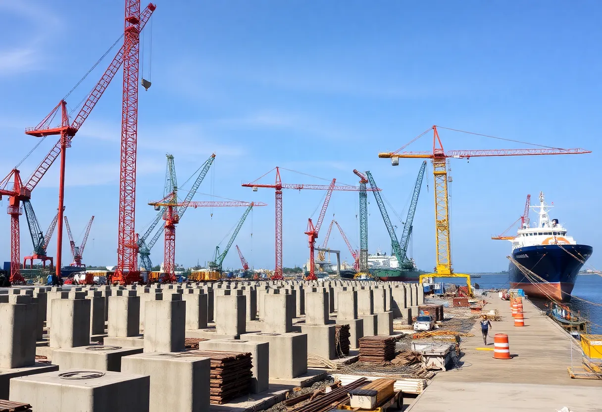 Construction project at the Port of Charleston for wharf expansion.