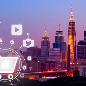 A skyline view of San Francisco with e-commerce symbols.