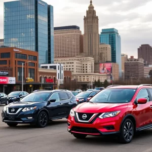 Nissan cars in front of Nashville skyline