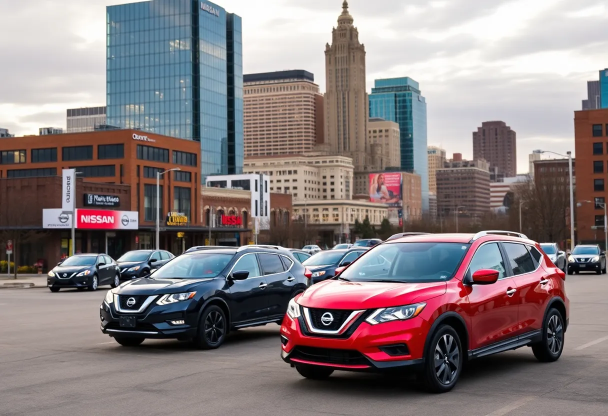 Nissan cars in front of Nashville skyline