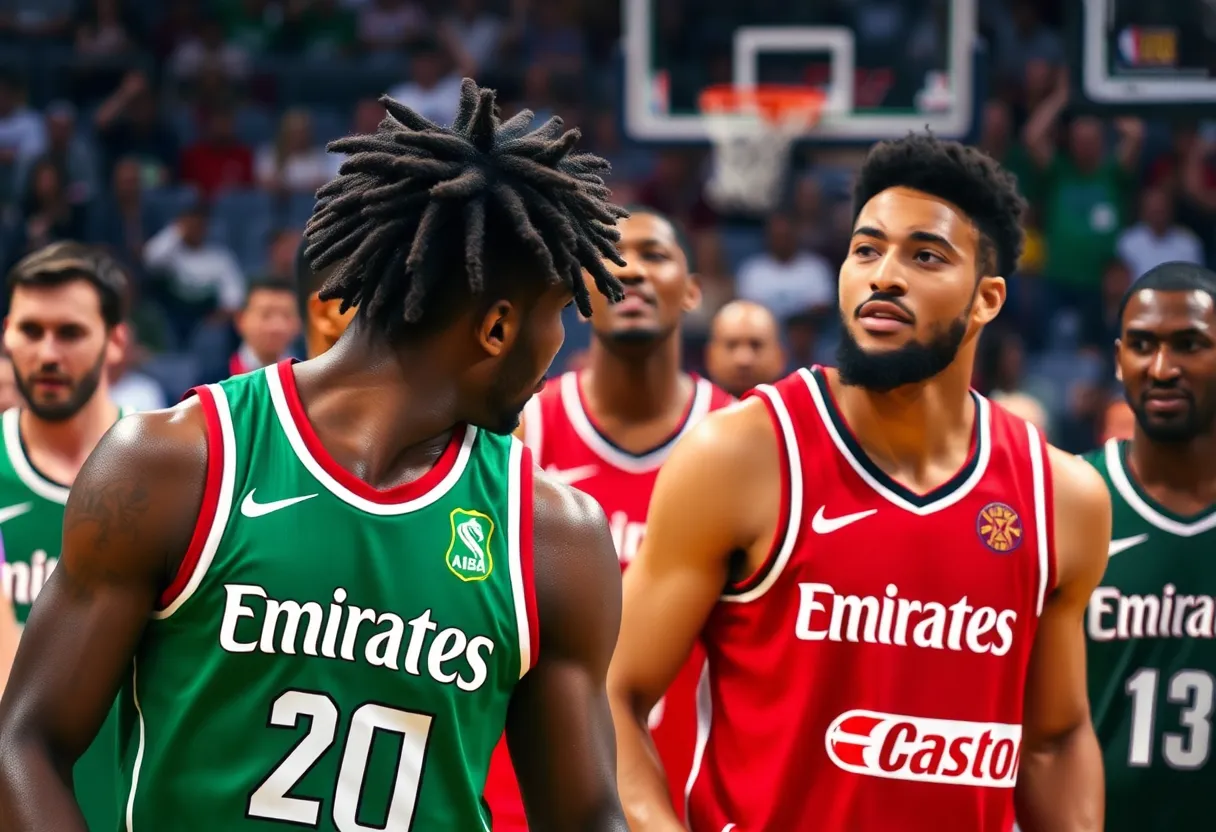 NBA players showcasing branded jerseys during a game