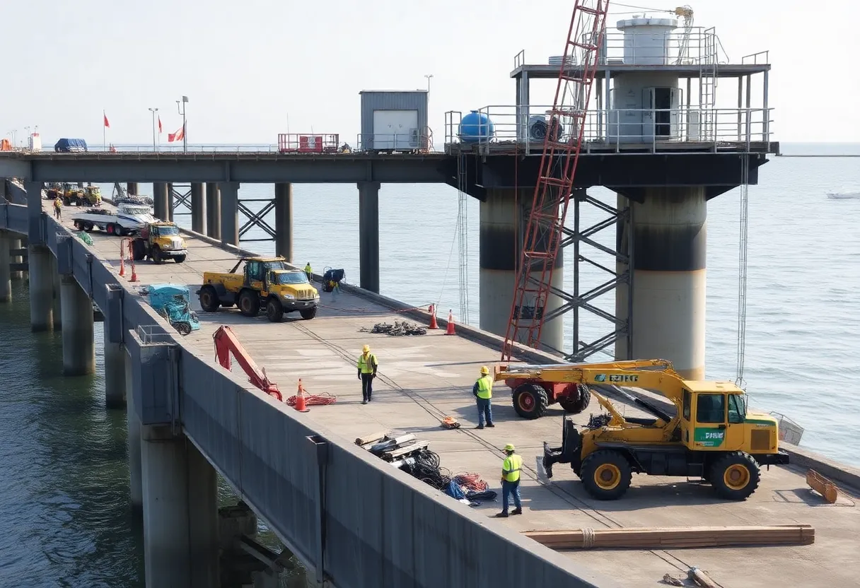 Construction workers at the renovation site of the pier in North Charleston.