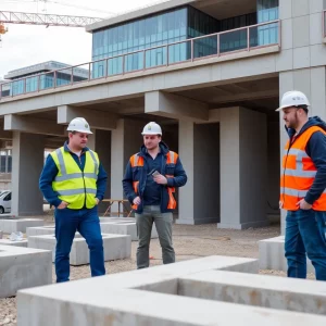 Engineers working on precast connections at a construction site.