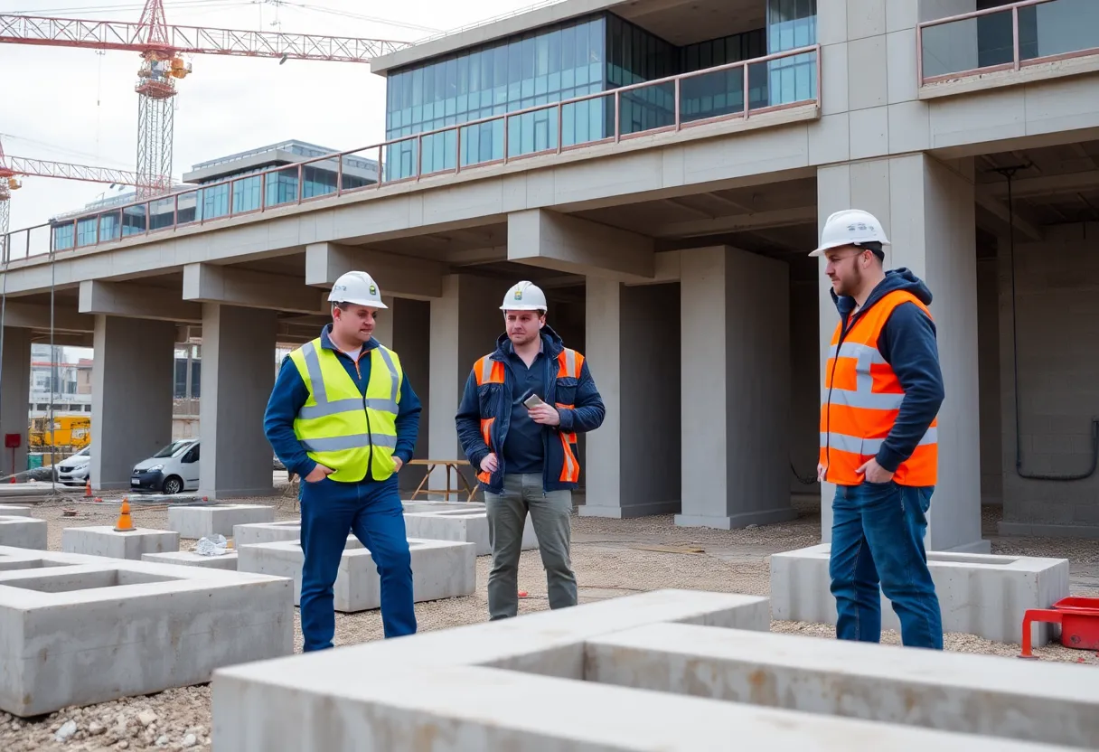 Engineers working on precast connections at a construction site.