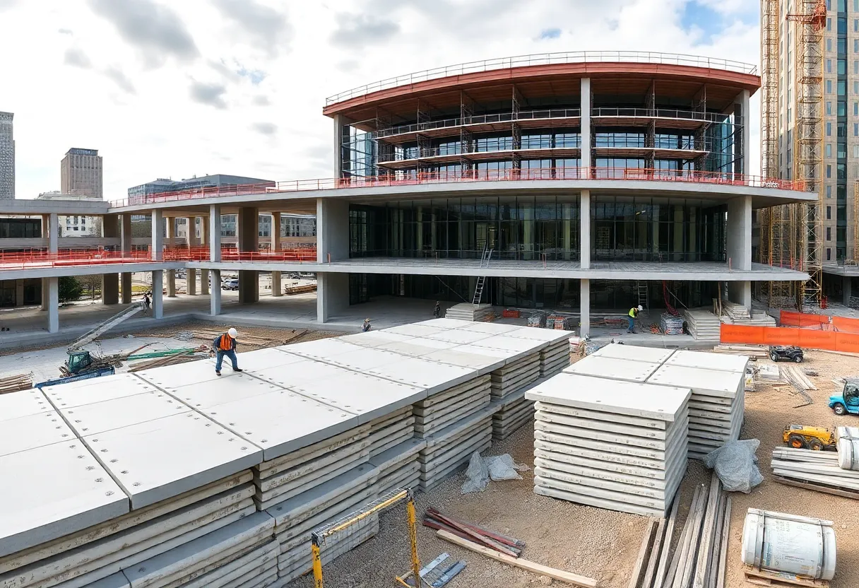 Construction workers assembling precast concrete panels for Raleigh's new City Hall.