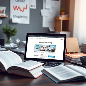 A modern desk featuring a user-friendly website interface on a laptop.