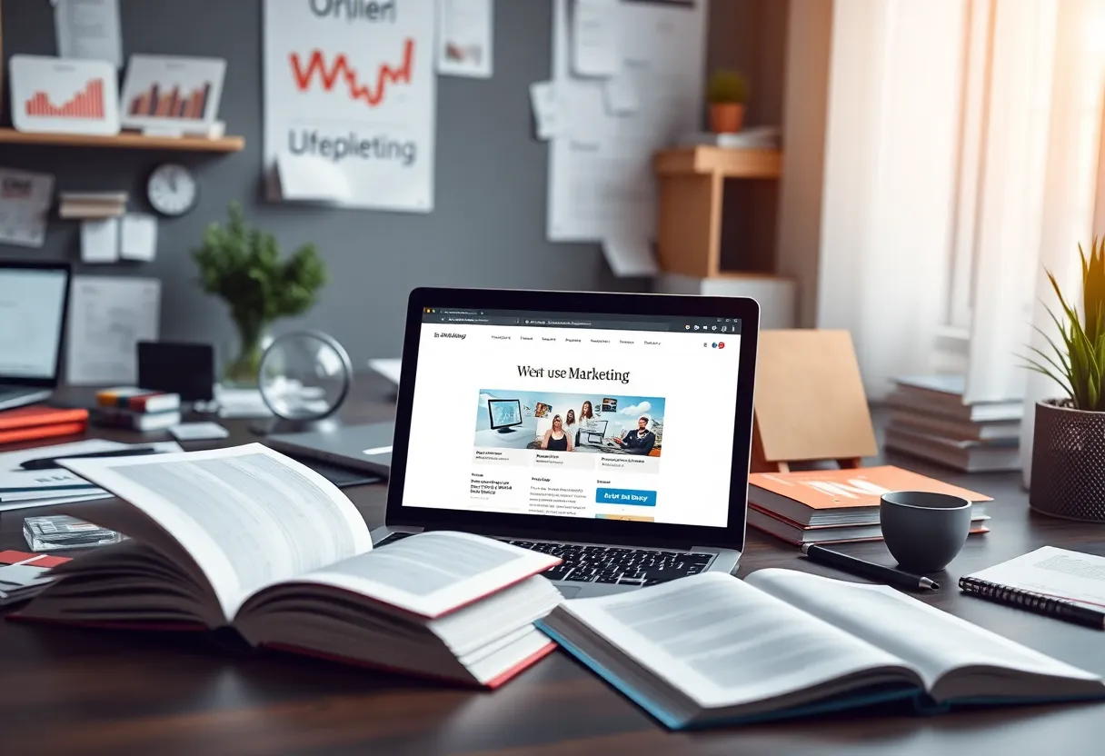 A modern desk featuring a user-friendly website interface on a laptop.