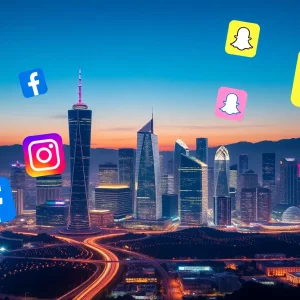 Futuristic city skyline with social media icons