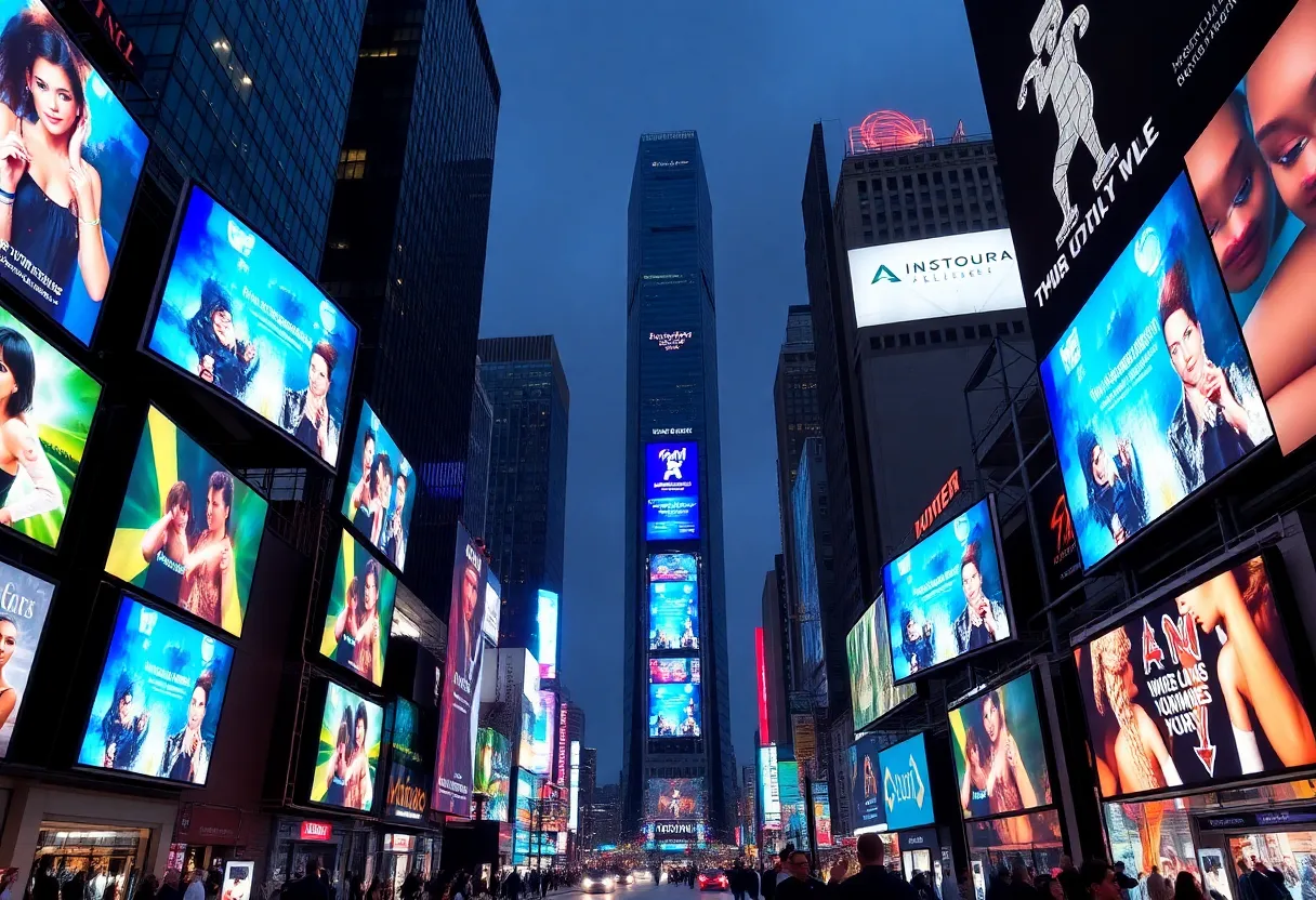 Urban skyline featuring large television ads demonstrating TV advertising effectiveness.