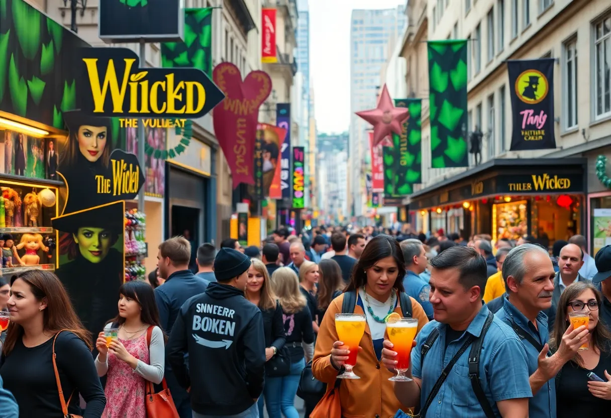 Vibrant street scene with Wicked movie merchandise and promotional displays