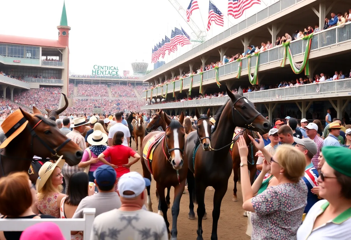 Scene from the 150th Kentucky Derby with fans and horses