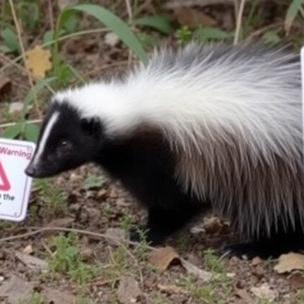 Skunk in a natural setting with warning signs nearby.