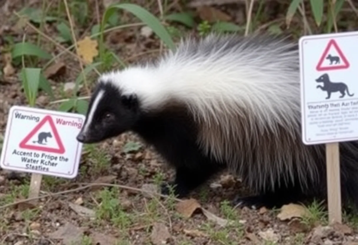 Skunk in a natural setting with warning signs nearby.