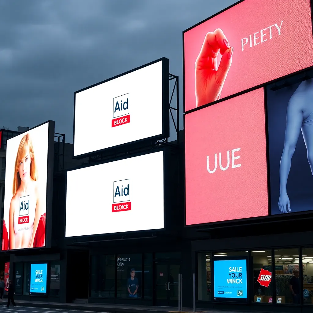 Billboards covered in digital screens with ad-block icons.