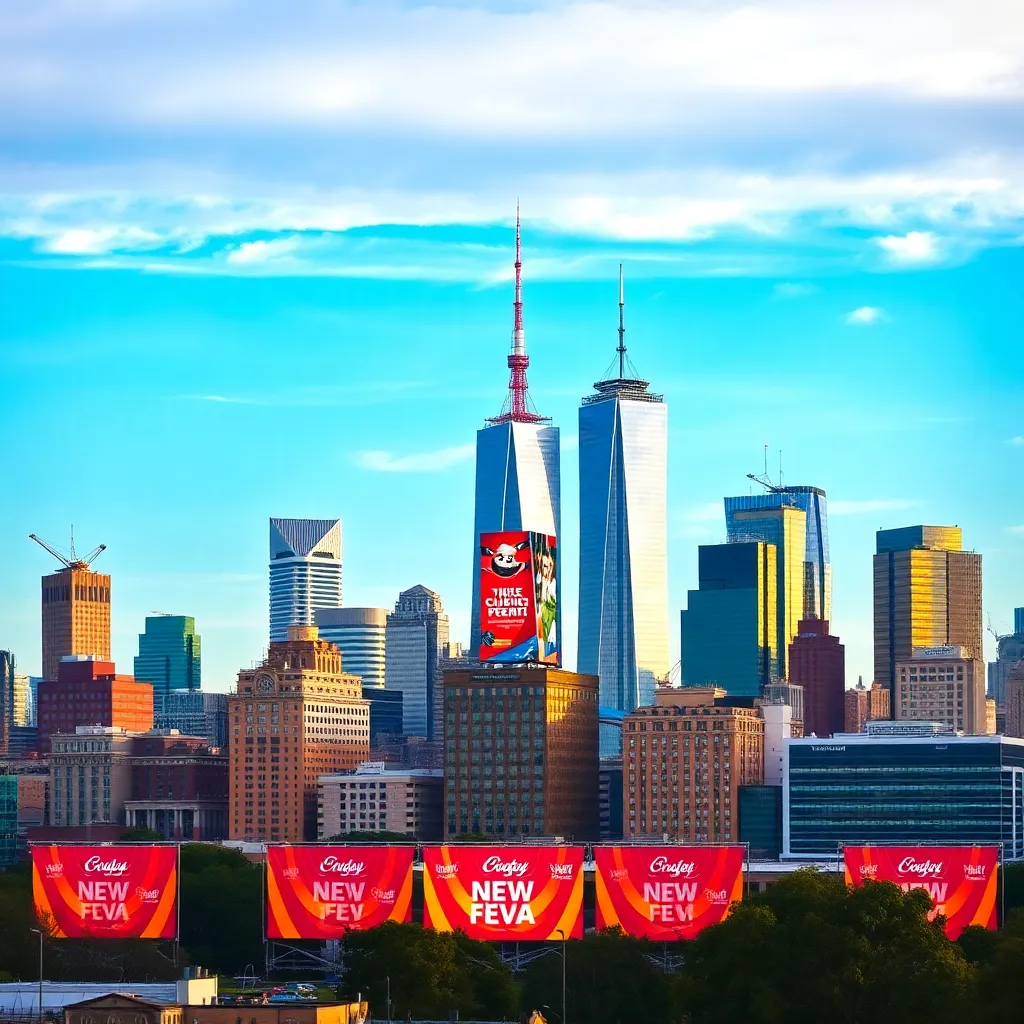 Colorful city skyline with new event banners displayed.