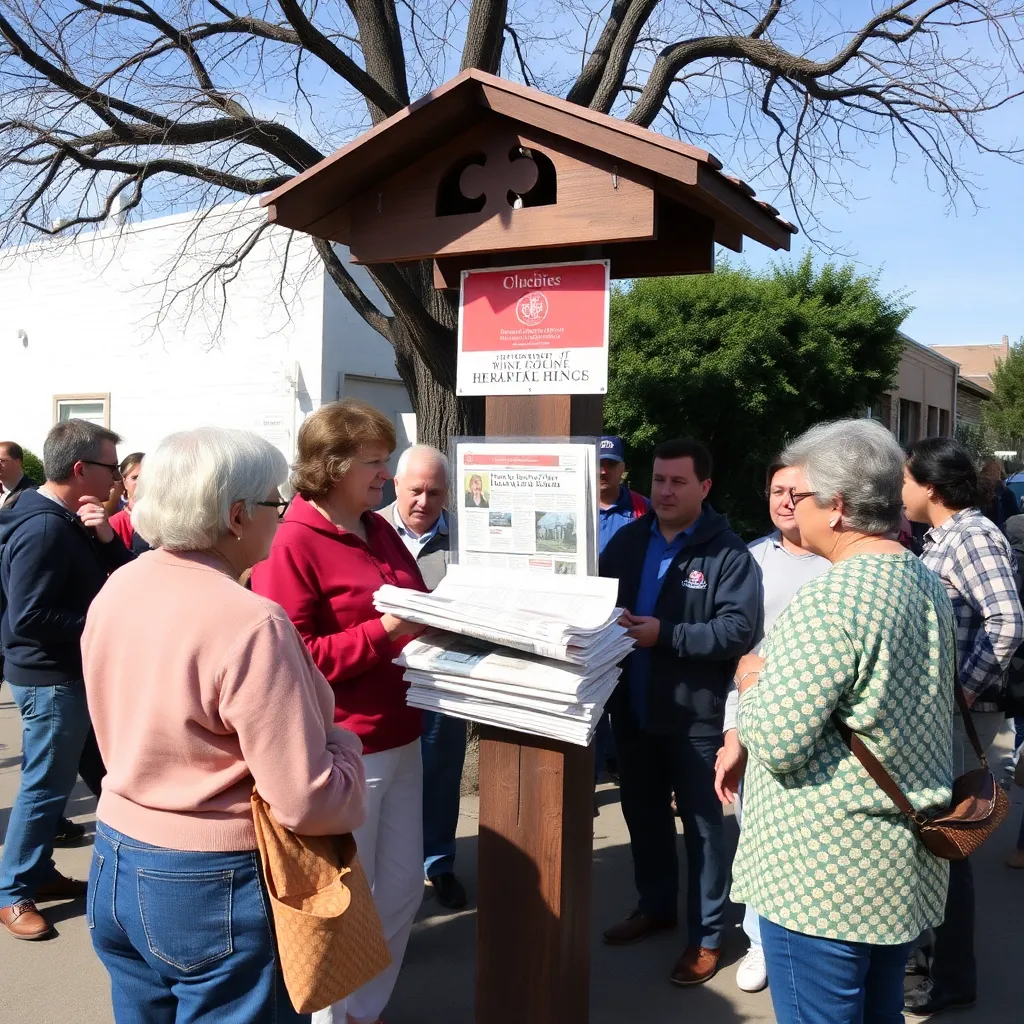 Community gathering around a newspaper stand with residents engaged.