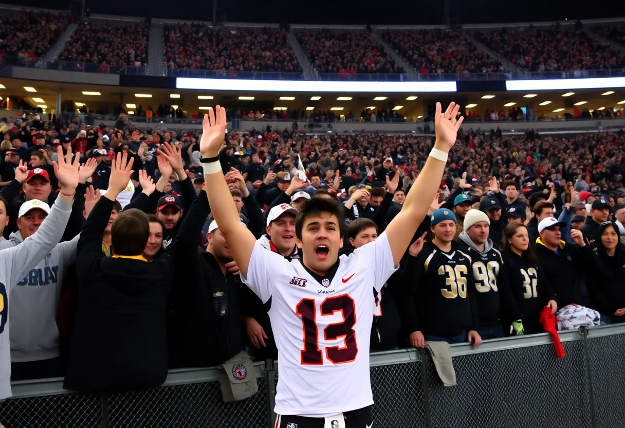 Stadium crowd celebrating a close football game victory.