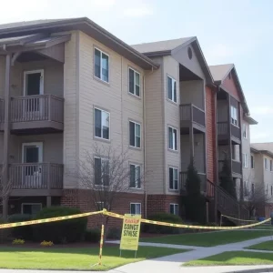 Serene apartment complex with police tape and caution signs.