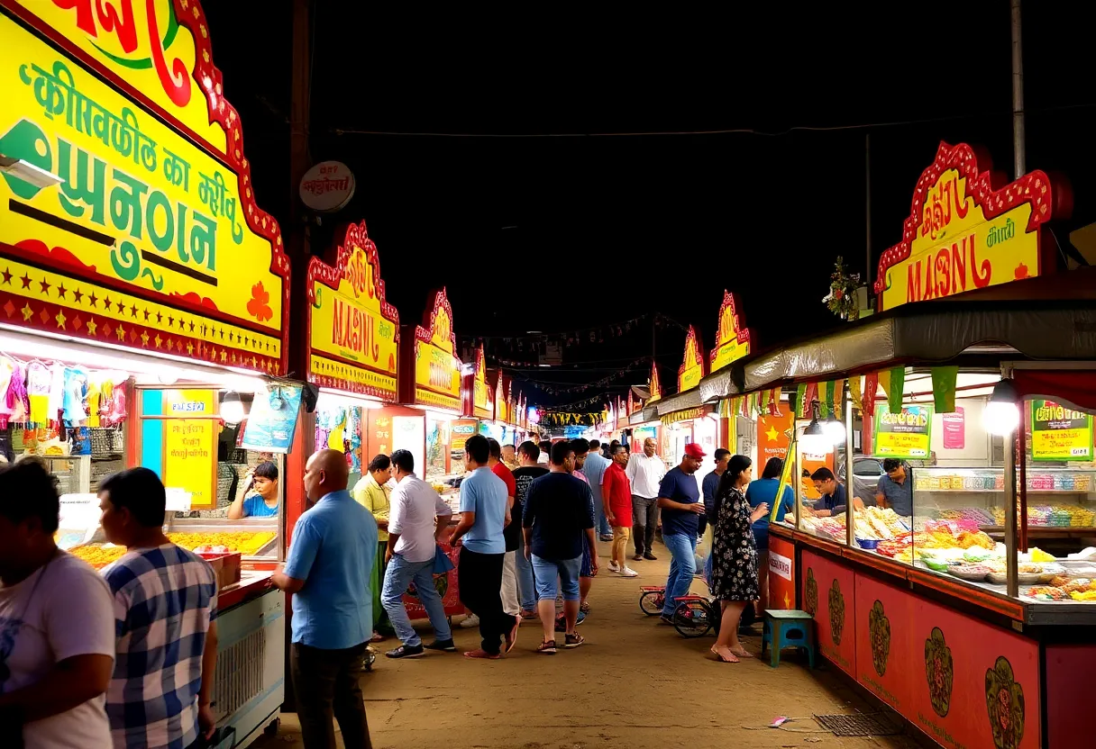 Colorful food stalls at a vibrant state fair.