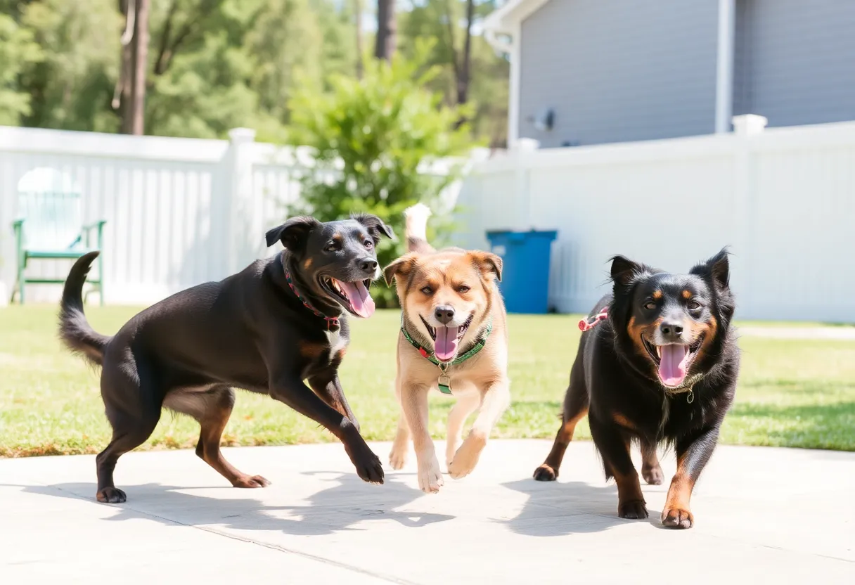 Happy dogs playing in a sunny South Carolina backyard.