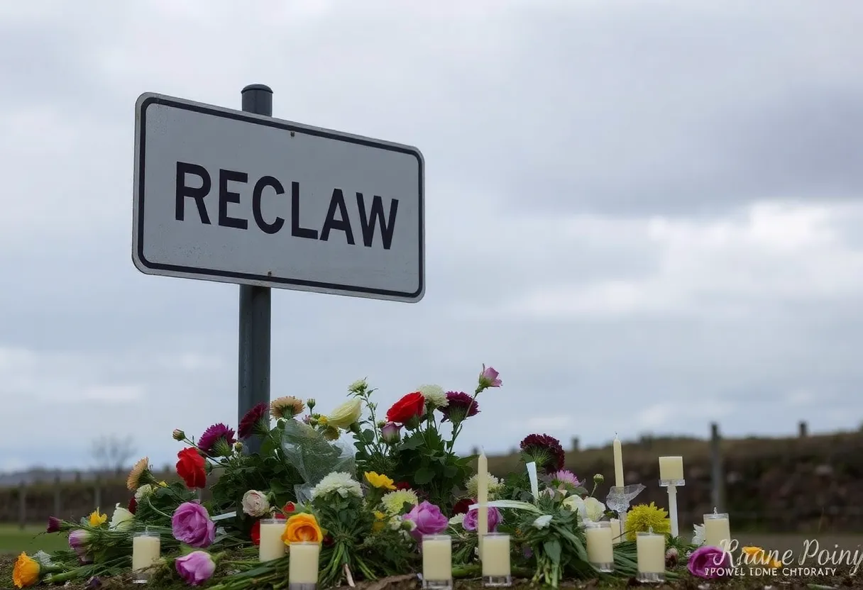 Somber road sign surrounded by wilted flowers and candles.