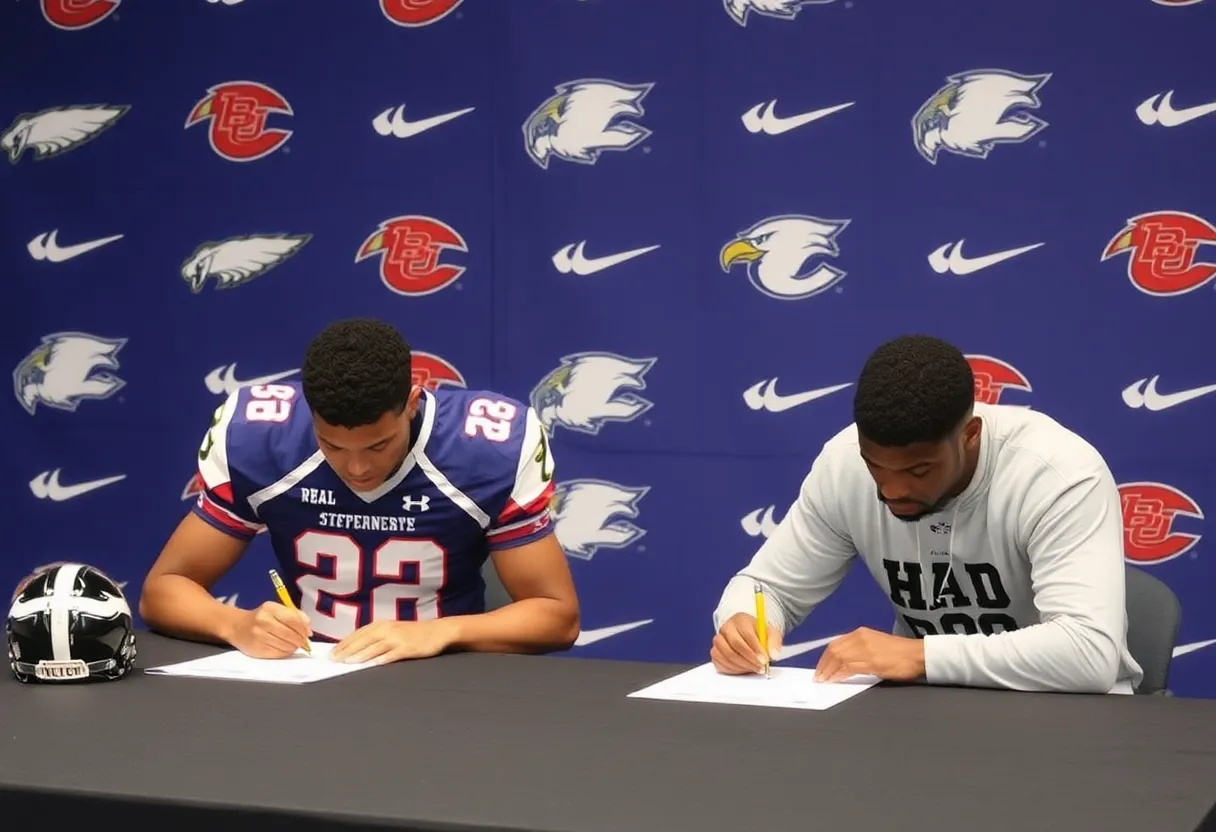 Football recruits signing documents with college logos in background.