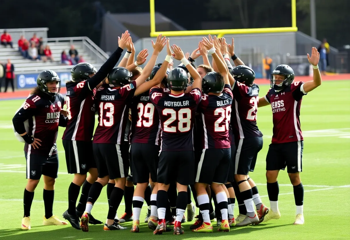 Football team celebrating victory on the field.