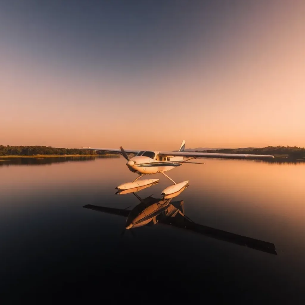 Aircraft floating on water surrounded by tranquil nature.