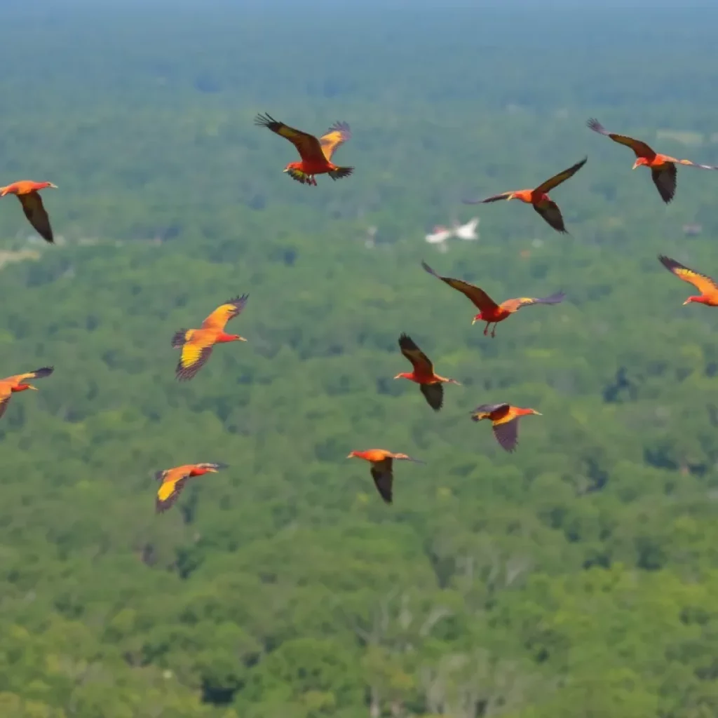 Vibrant birds soaring over a lush South Carolina landscape.