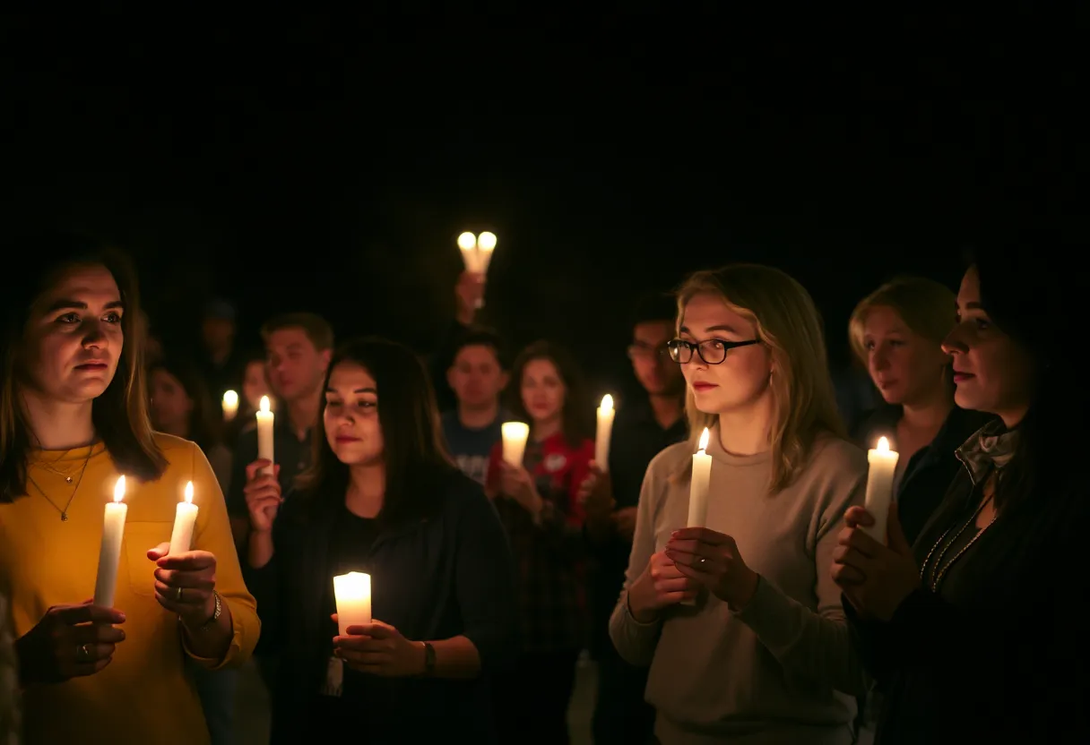 Candlelight vigil with community members holding candles together.