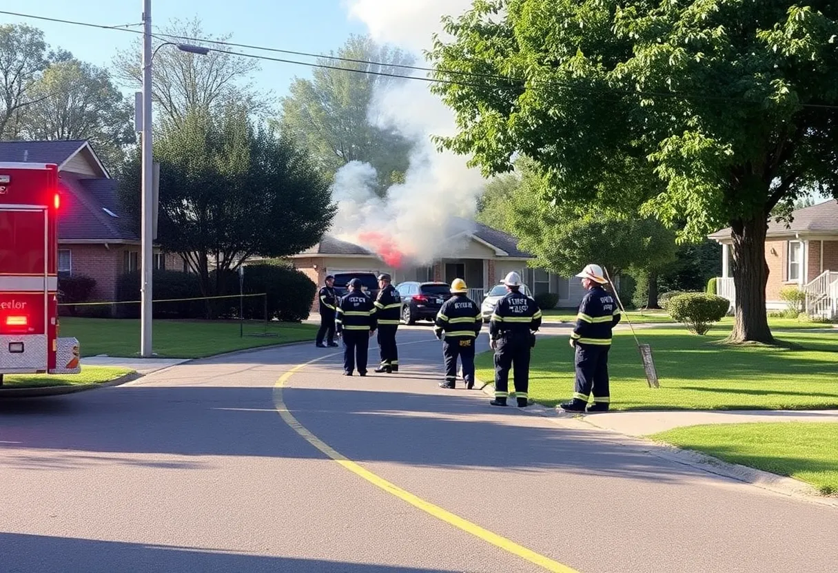 Emergency responders at a serene suburban fire scene.