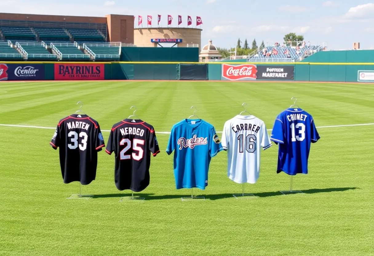 Baseball field with team jerseys and pennants displayed.