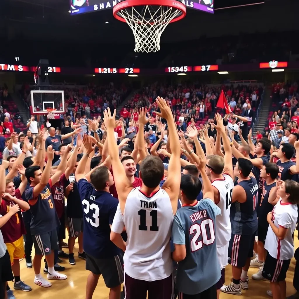 Basketball court celebration with cheering fans and team colors.