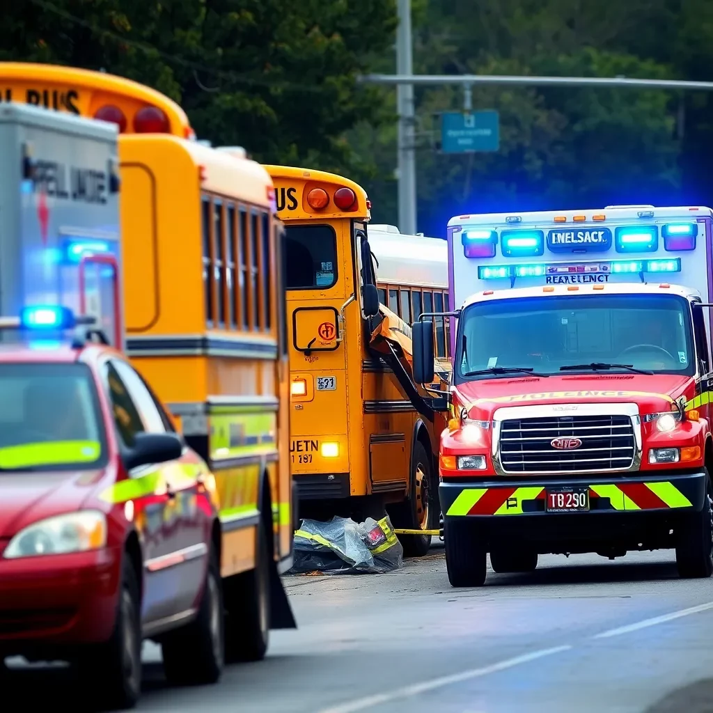 School bus accident scene with emergency response vehicles.