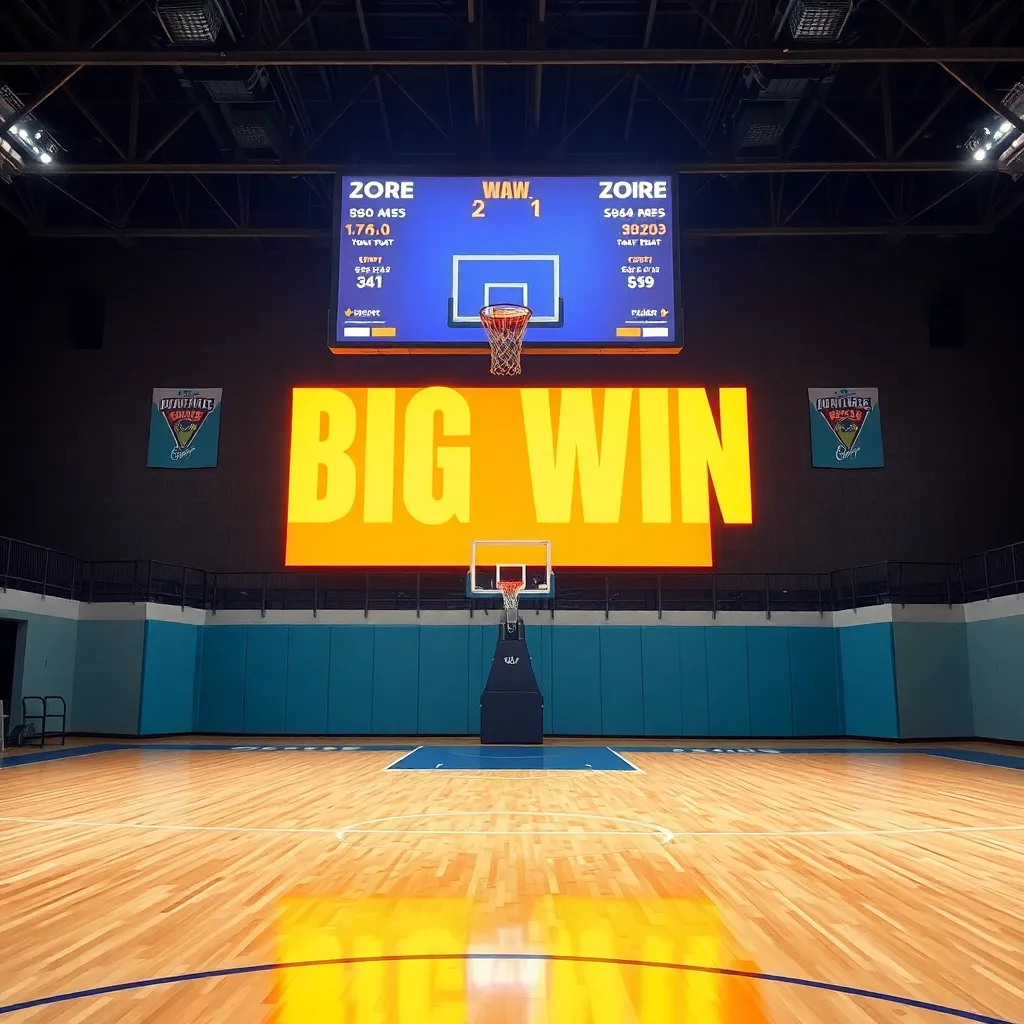 A basketball court with a scoreboard showing a big win.