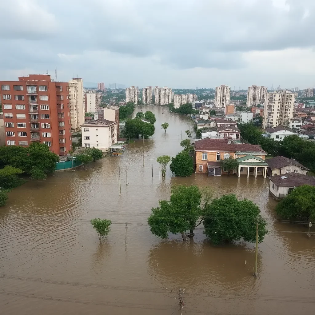 Urban landscape submerged in deep floodwaters.