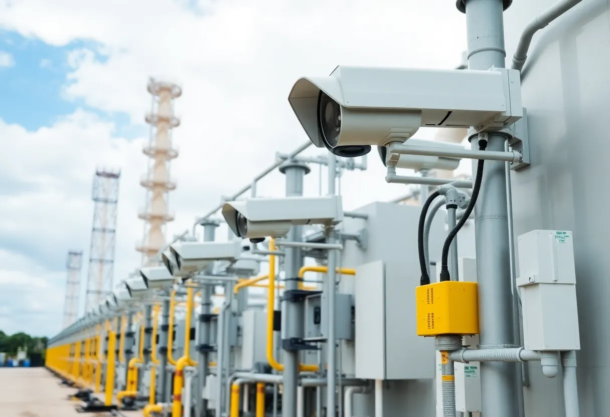 Energy facility with security measures and surveillance equipment.