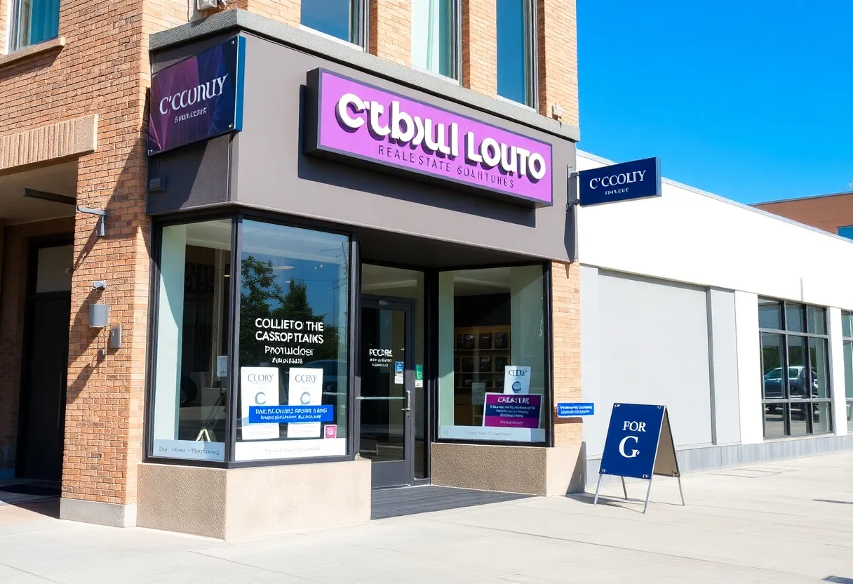 Modern storefront with signage of real estate brokerage.