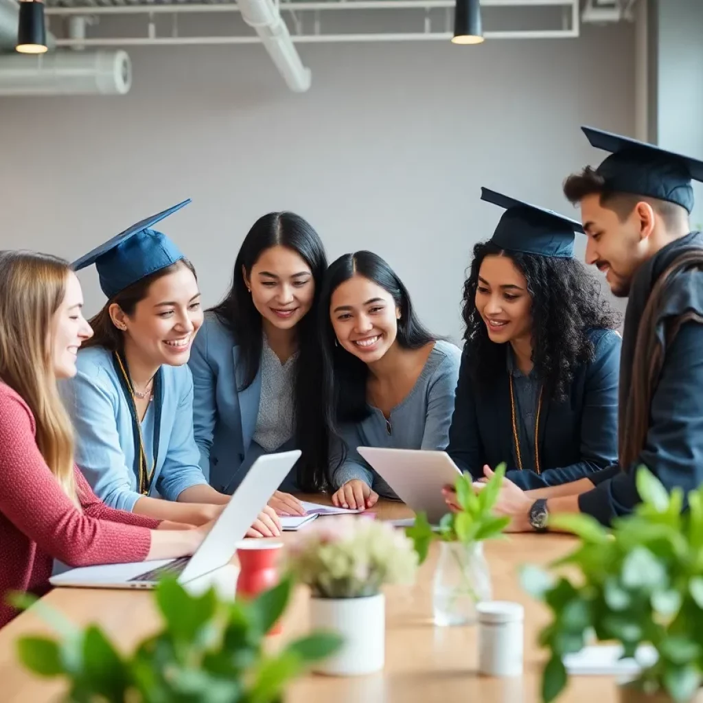 Diverse graduates collaborating in a modern co-working space.