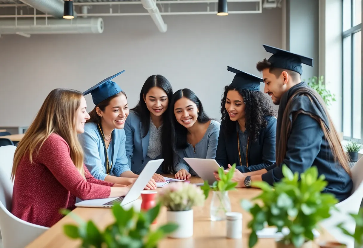 Diverse graduates collaborating in a modern co-working space.