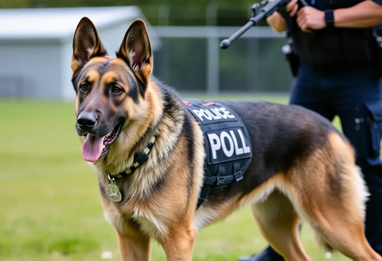 Police K-9 in a protective stance at a training session.