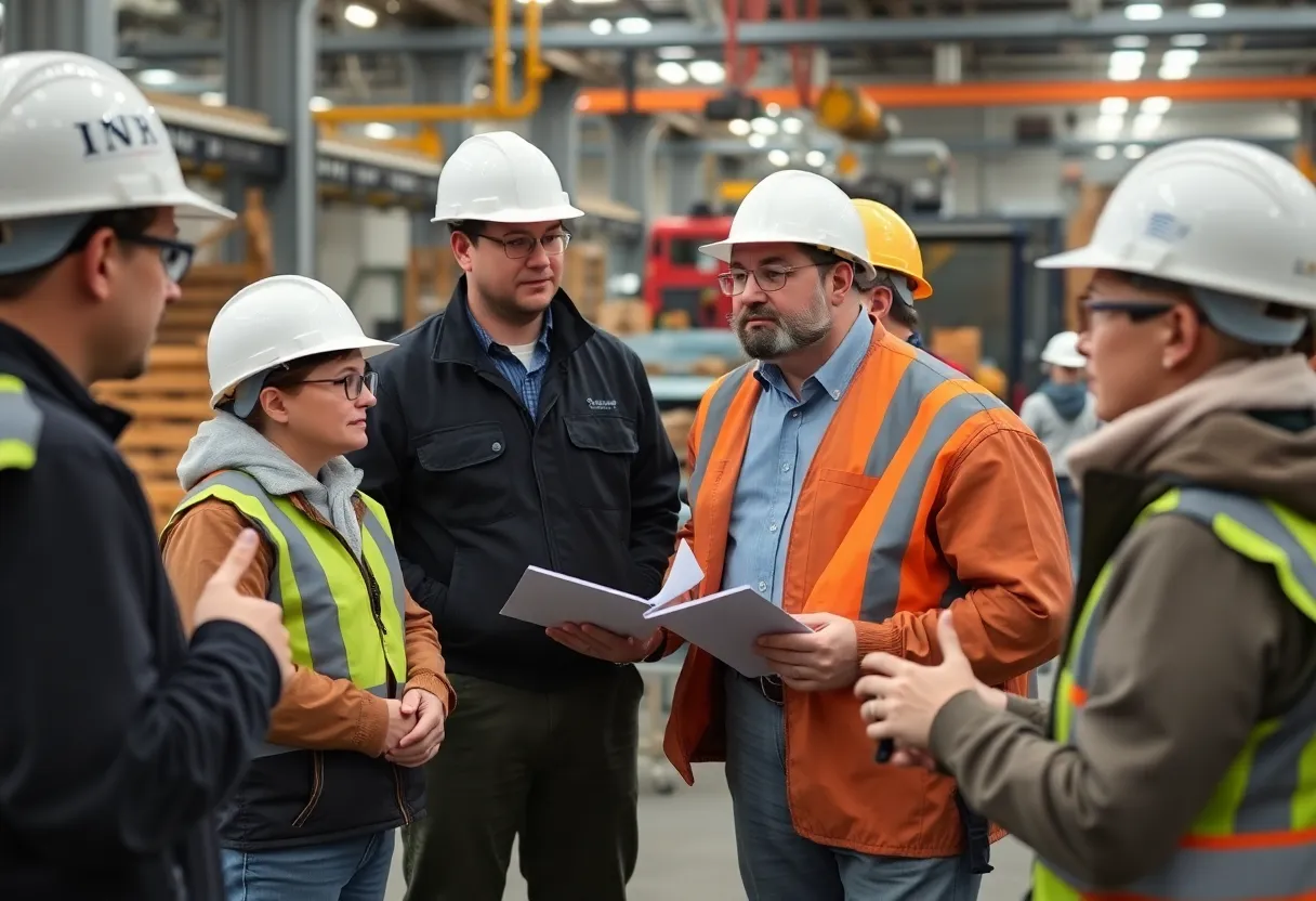 Workers in hard hats discussing union strategies on factory floor.