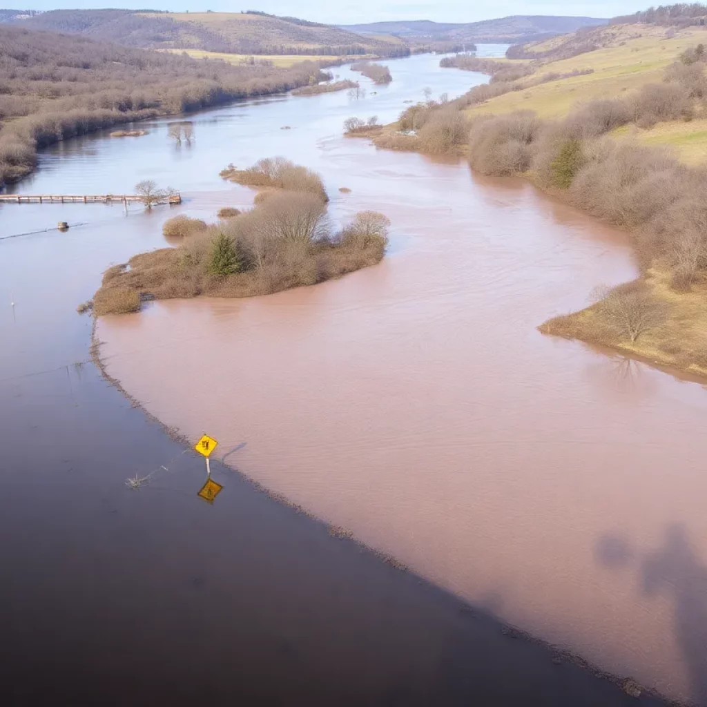 Flooded river landscape with warning signs visible.