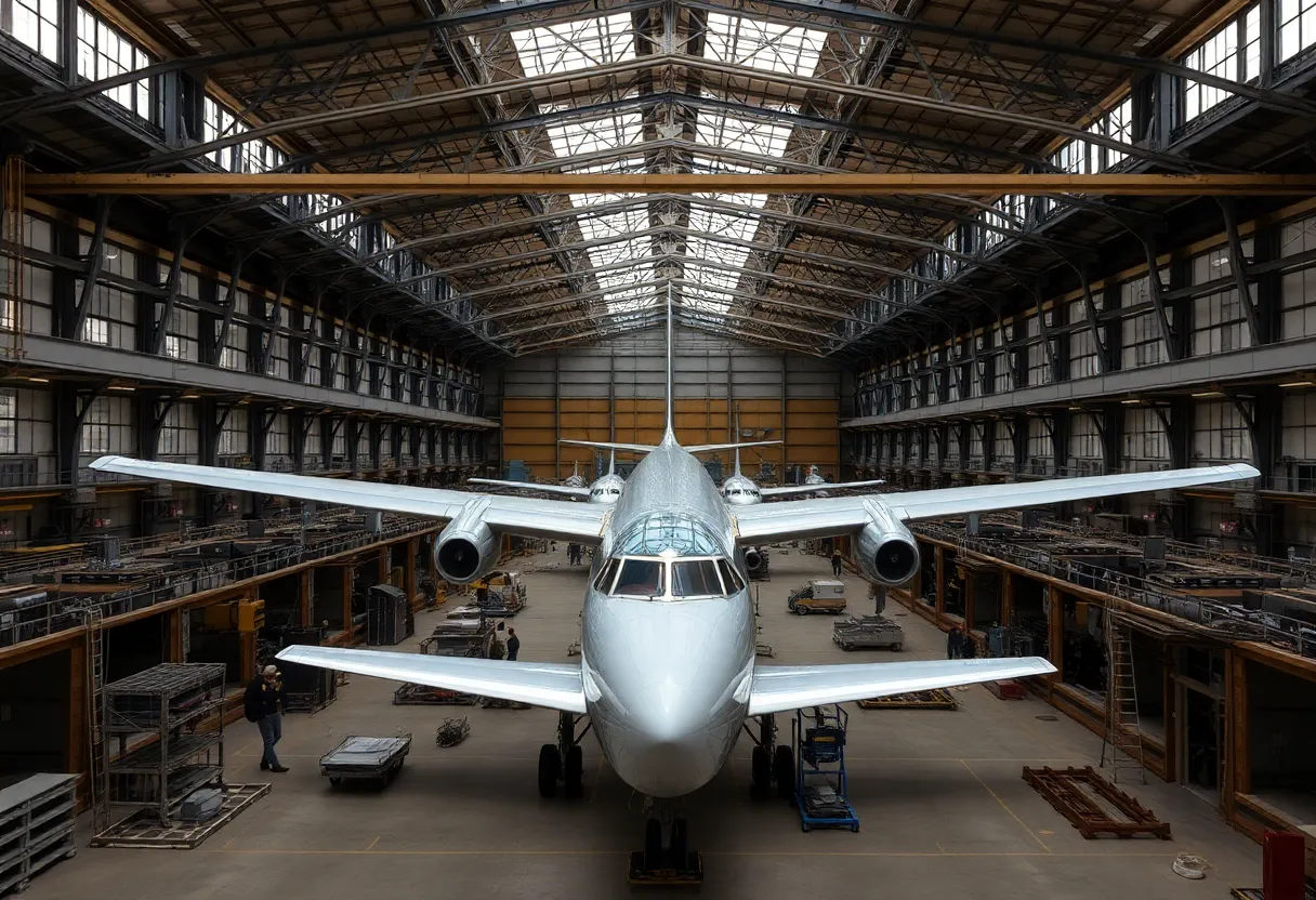 Large factory building with planes being assembled inside.