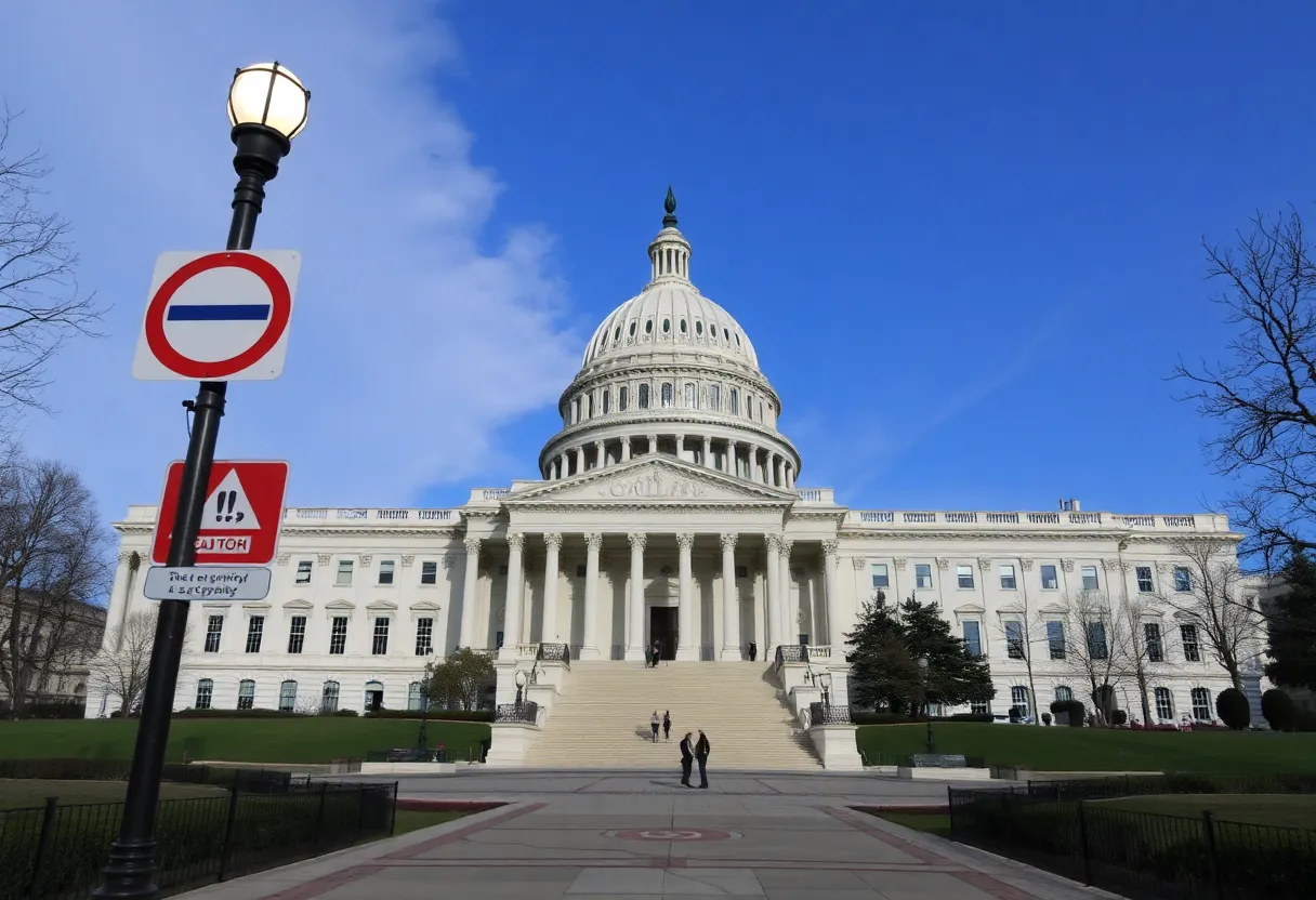 Capitol building with security presence and caution signs.