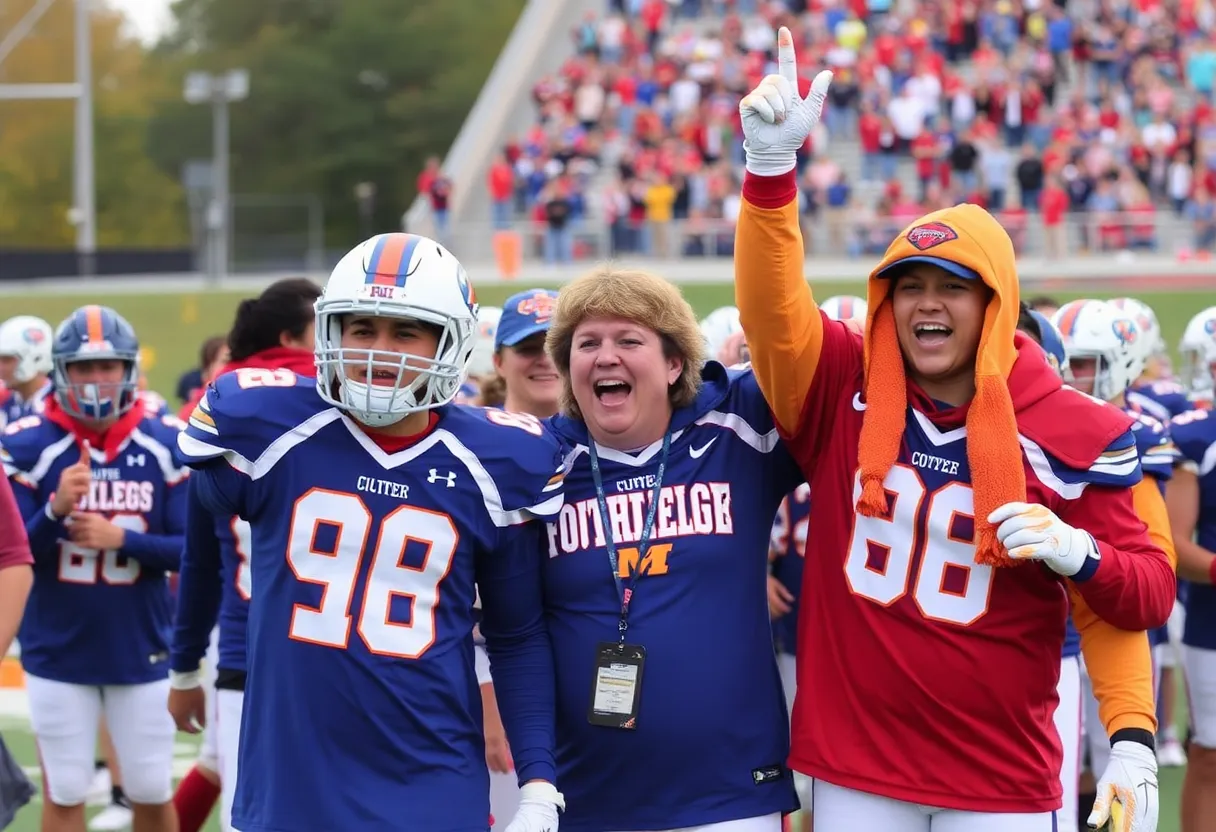 College football recruitment celebration with team colors and gear.