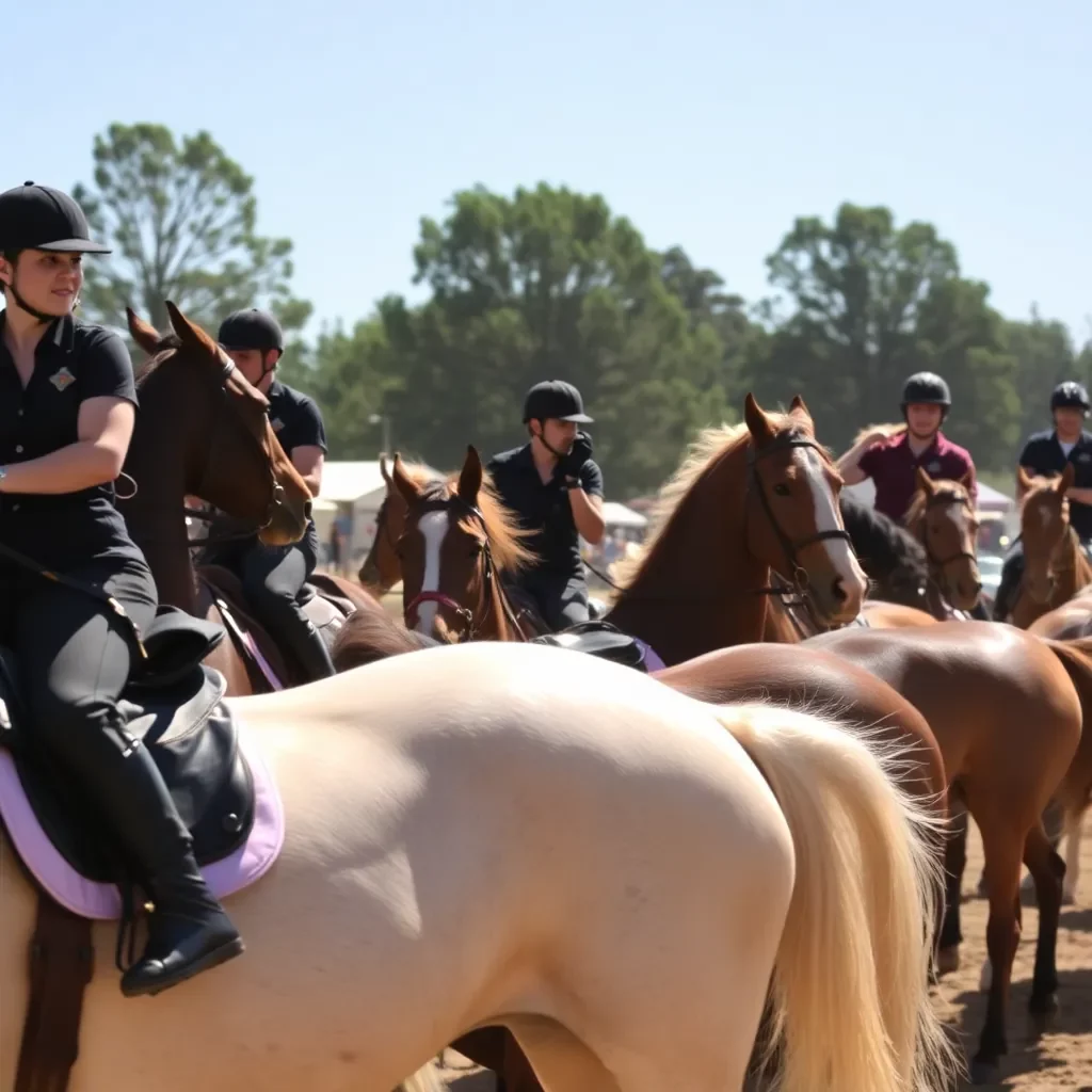 A group of riders competing in a sunny equestrian event.